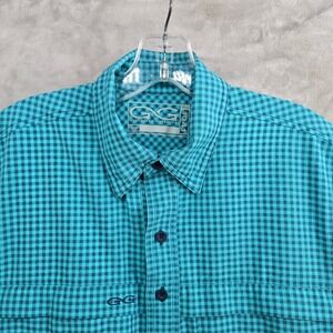 Game Guard Size Small Short Sleeve Gingham Button Up Shirt Teal Blue